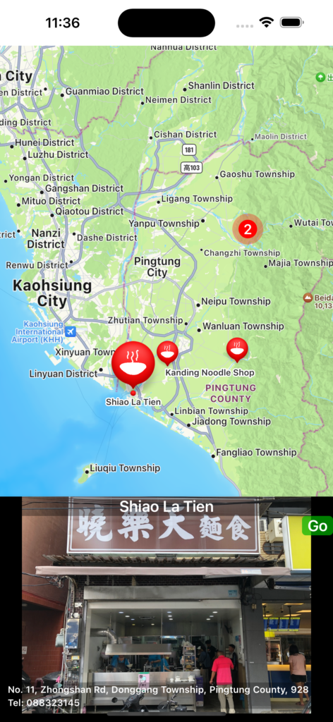 Screenshot of the Maptastes app showing a map with locations of food stalls and the store front of one selected stall